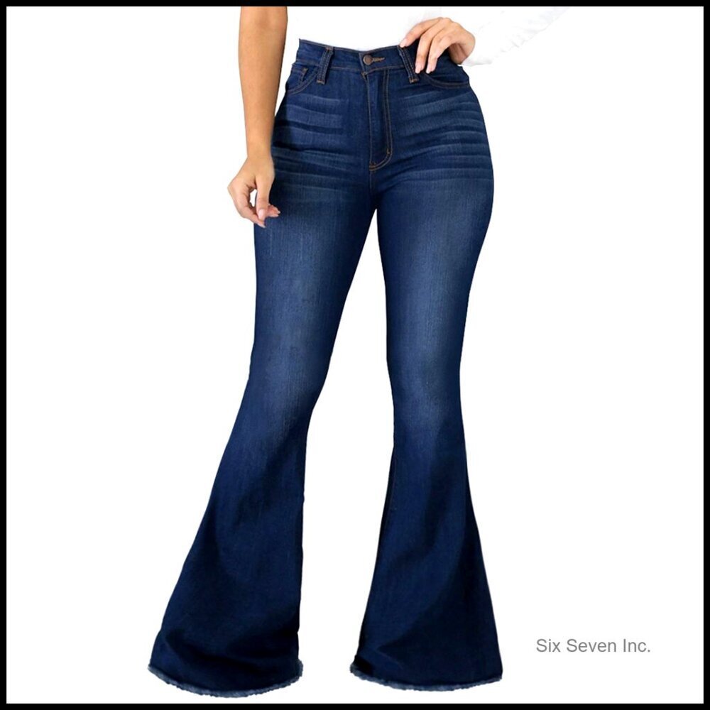 Bell Bottom Jeans Ripped Flared Destroyed Raw Hem Y2K Retro Stretch Denim